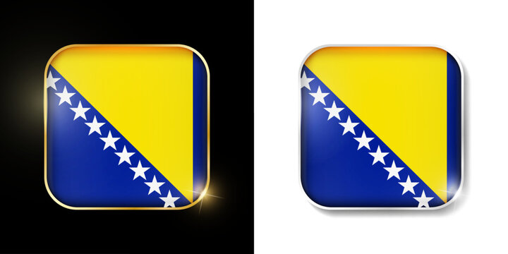 Bosnia flag shiny golden and silver icons isolated on black and white. Vector 3D square rounded illuminated buttons with shadow. Use for bets, tournament, olympic and sport games