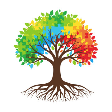 A vibrant tree with puzzle piece leaves in various colors, symbolizing diversity and connection, with strong roots.