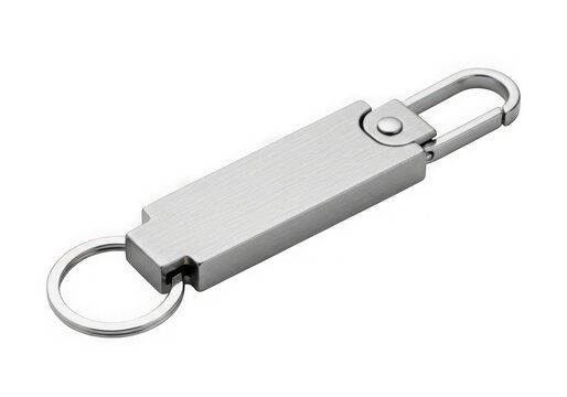 A silver metal usb flash drive with keychain isolated on transparent background
