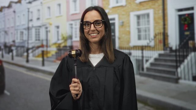 Woman judge holding gavel and smiling on a residential street with pastel row houses and stairs; confidence justice.