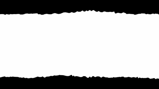 Black and white luma matte mask for video title reveals, paper rip transitions, and stop-motion collage effects. Horizontal paper strip with tiny rough edges.