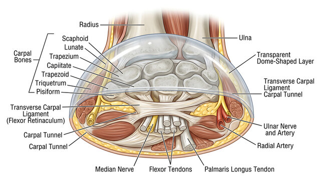 Dome‑shaped cross‑section of the wrist highlighting carpal tunnel contents, carpal bones, transverse carpal ligament, median nerve, ulnar nerve and artery, radial artery, flexor tendons and palmaris l