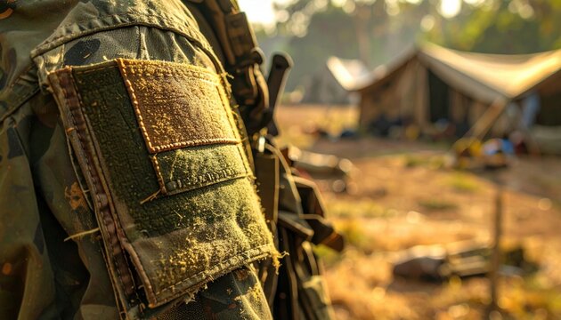 Mended olive drab military uniform patch detailed with meticulous stitching and blurred outdoor camp setting