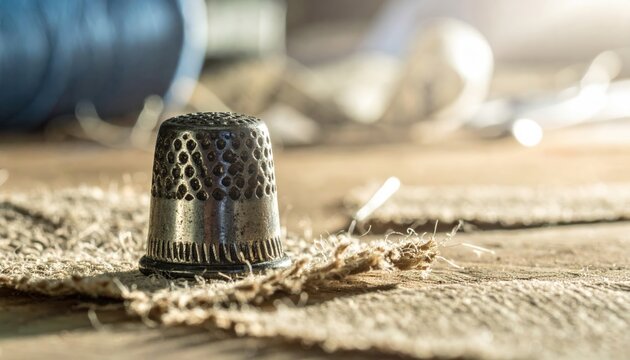A tarnished metal thimble with a pitted surface rests on rough fabric scrap, showcasing vintage sewing detail.