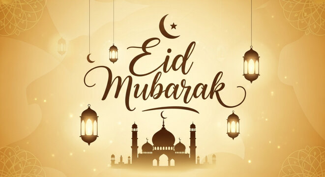 Eid Mubarak calligraphy with mosque and lanterns Islamic greeting card design for religious celebration festive background with golden 