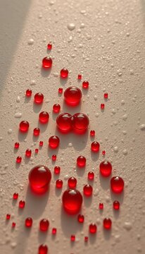 Velvet crimson droplets adorning a subtly textured expanse, a silent tableau from the heavens,  high angle,  minimalist
