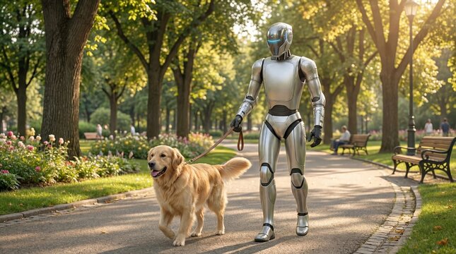 Robot Walking Dog in Park, Humanoid AI with Golden Retriever on Sunny Path illustration