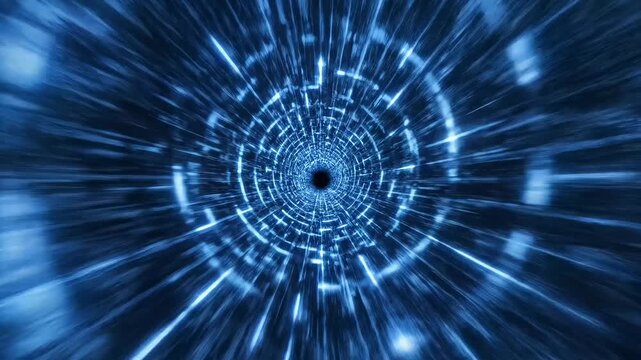 Futuristic tunnel, blue neon lights, speed, motion, abstract background, technology