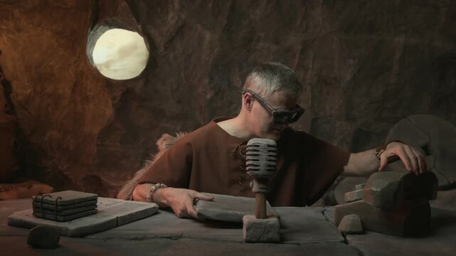 Prehistoric news presenter working in the TV studio, he is reading news and answering phone calls