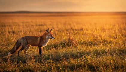 Fototapeta premium Vibrant red fox stands alert in a sun-drenched golden grass field during a breathtaking sunset or sunrise, showcasing wildlife in natural habitat
