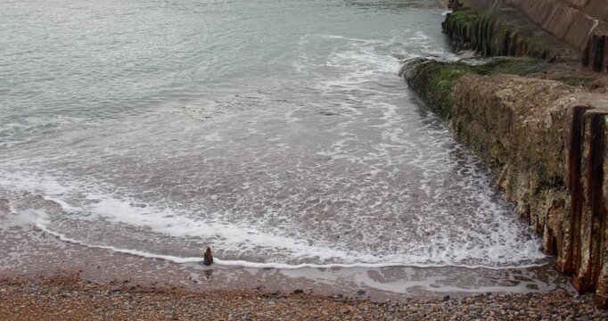 Wide shot of waves lapping over old concrete next to Shoreham harbour