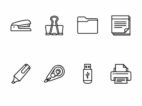 Vector graphic icon of school supplies, office equipment, and technology items, including stapler, binder clip, folder, documents, marker, correction tape, USB drive, and printer