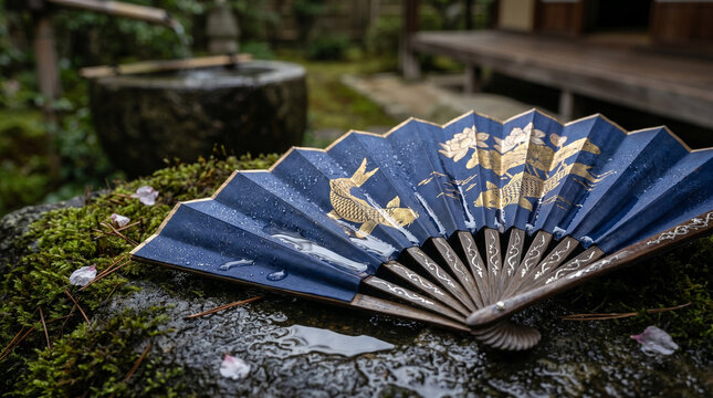 A beautiful blue traditional Japanese folding fan rests on a mossy stone in a tranquil garden