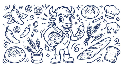 Obraz premium Vintage 1930s Cartoon Buffalo Chef Mascot and Bakery Ingredient Set