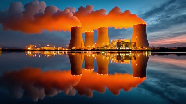 Industrial Power at Dusk: A monumental industrial complex dominates the twilight skyline, its towers exhaling plumes of smoke that reflect dramatically upon the water.