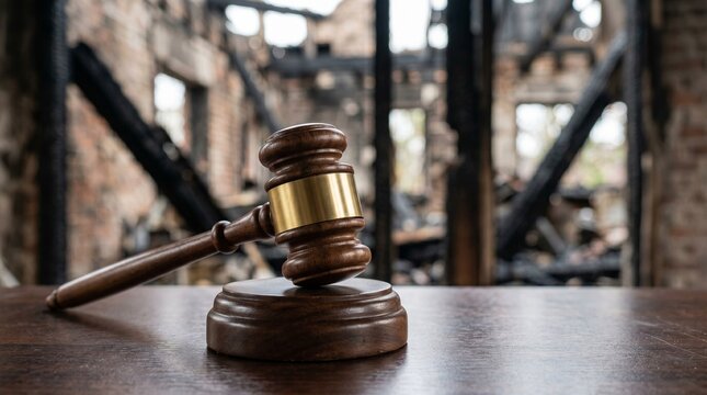 Wooden judge gavel in front of a burnt ruined house, fire damage and insurance claim concept