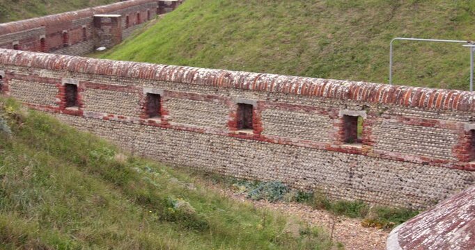 Panning shot of the east side Defensive walls of Shoreham Fort,