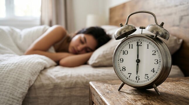 Vintage alarm clock on a wooden nightstand, early morning wakeup concept with sleeping woman in background
