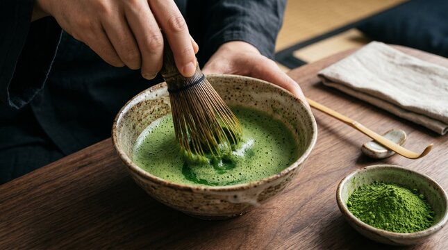 Matcha preparation with bamboo chasen whisk frothing ceremonial grade matcha in ceramic chawan bowl, Japanese tea ceremony and wellness beverage concept