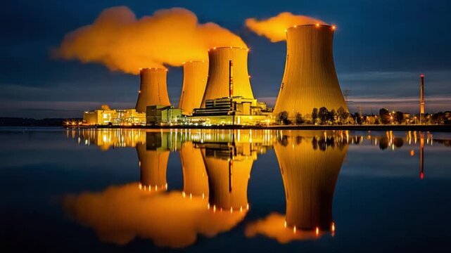 Nuclear Power Plant: A mesmerizing capture of a nuclear power plant, standing tall against the night sky, its colossal cooling towers emitting a warm glow reflected in the still water below.