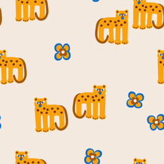 Seamless pattern with cute leopards and blooming flowers. Stylish animal print illustration combining wild jungle elements with delicate floral details. © Maria