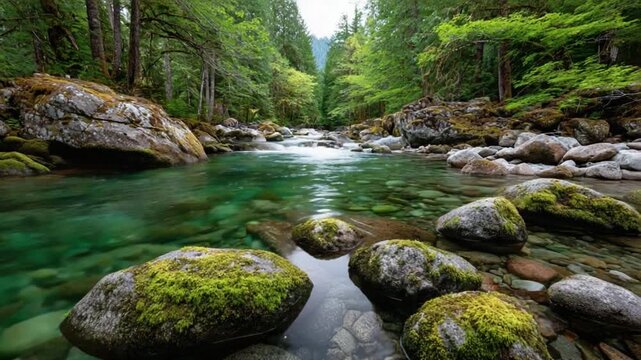 Serene Stream's Embrace: Witness the tranquil beauty of a crystal-clear stream as it meanders through a lush, verdant forest, its waters reflecting the towering trees and moss-covered rocks.