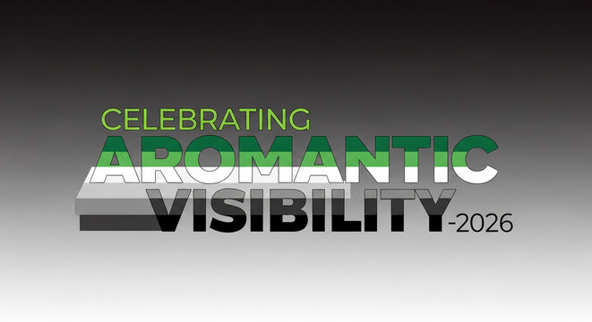 Gradient background with a graphic text showing a flag, representing aromantic visibility celebration for the year 2026, symbolizing diversity and inclusion