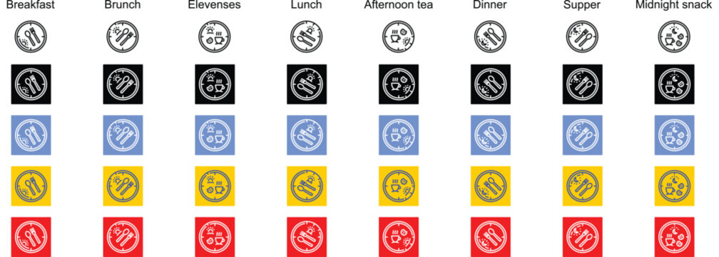 The Full Cycle Of Daily Dining banner web icon line outline color vector illustration of Breakfast, Brunch, Elevenses, Lunch, Afternoon tea, Dinner, Supper, Midnight snack