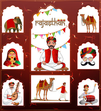 Rajasthan cultural Illustration elements set with traditional folk characters, camel, Desert, Turban Man, elephant and regional festivals Art PNG