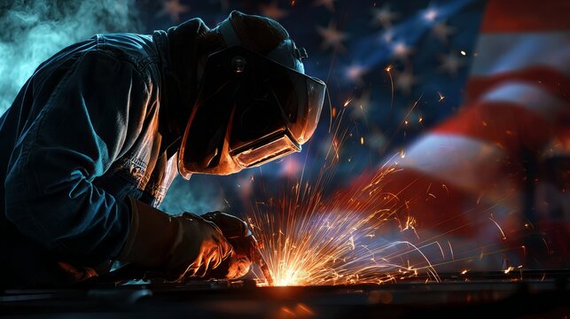 Industrial welder sparks flying american flag background