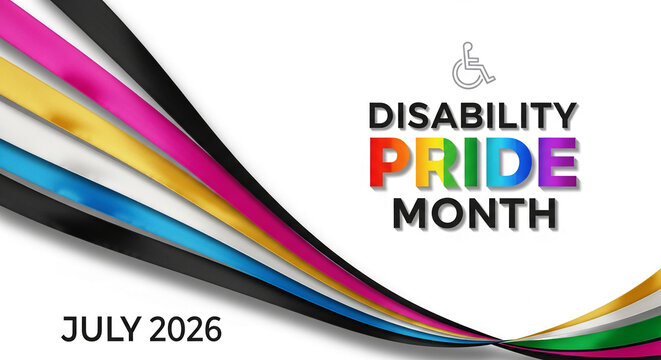 Curved colorful stripes on white backdrop, symbolising diversity and inclusion for disability pride month in july 2026, promoting awareness