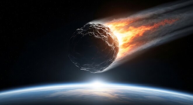 Fiery asteroid streaks through atmosphere above planet Earth at sunrise meteor space