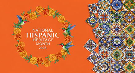 Fototapeta premium Floral wreath with hummingbirds and decorative tiles, in orange background, representing cultural richness and heritage, with year 2026