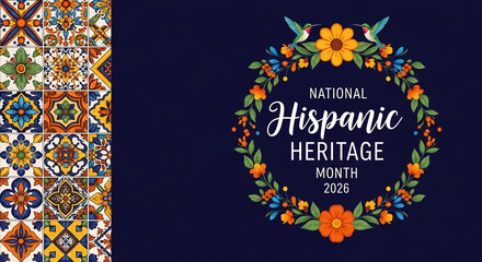 Fototapeta premium Decorative graphic with ornate tiles and floral wreath, celebrating national heritage, representing culture, festivity, and cultural pride