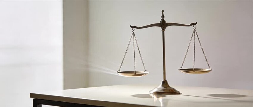 Zodiac balance justice law symbol harmony scale equality decision fairness concept with metal object and equilibrium reflection on table in office with calm minimal serene mood