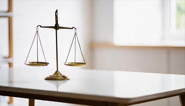Golden scale balance justice law legal equality symbol metal table reflection zodiac concept harmony elegant office interior light background fairness metaphor for legal decision weight and balance