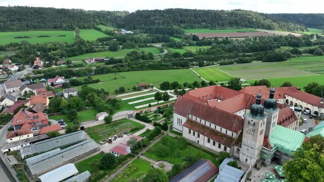 Aerial view Plankstetten with Benedictine Abbey, Plankstetten, Berching, Bavaria, Germany,