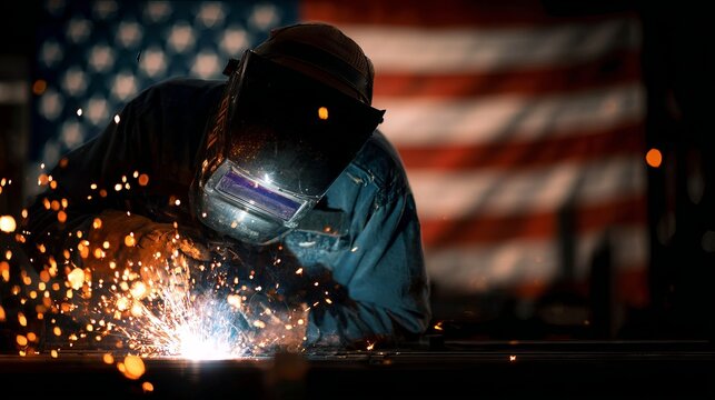 Industrial welder sparks flying american flag background