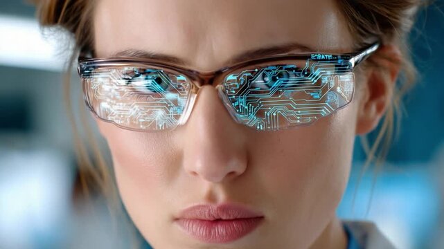 Visionary gaze with advanced eyewear: A focused individual wearing futuristic glasses with intricate tech reflections, embodying innovation and the future of vision.