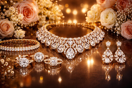 Luxury Indian Gold Jewellery Display with Diya Lights for Akshay Tritiya, Diwali Deepavali, Dhanteras, Navratri, Laxmi Poojan, Gudi Padwa, Ugadi, Karva Chauth, Pongal Makar Sankranti, Bridal Jewellery