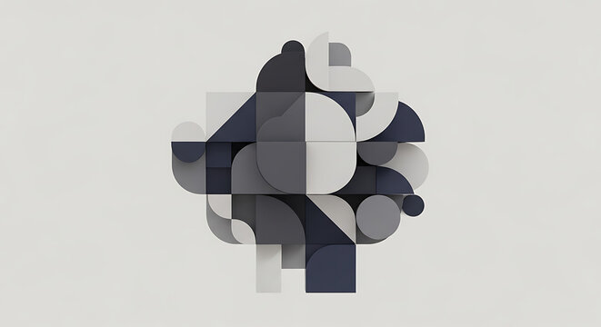 Abstract geometric composition with overlapping squares, circles, and arcs in shades of gray and navy, delicate pixelation effect, modern digital art background