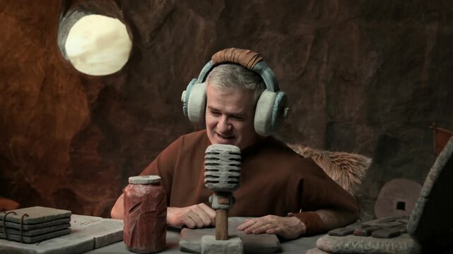 Prehistoric live streamer and radio host working in the studio, he is wearing headphones and speaking into the microphone