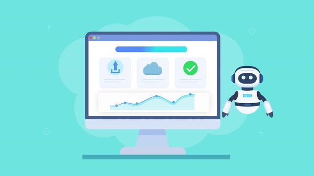 Friendly robot assistant interacting with automated dashboard featuring cloud backup, data protection, analytics charts, and progress indicators in smooth animation, representing secure workflow and r