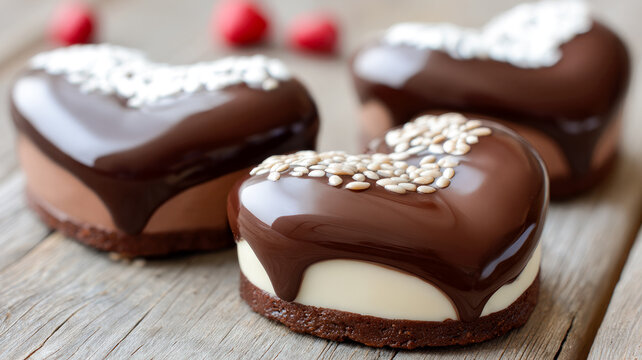 Close-up shot of delicious heart-shaped cookies dipped in hot chocolate and sesame.