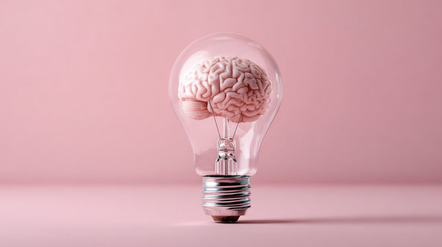 A human brain inside a light bulb symbolizes bright creativity and the spark of innovative ideas.