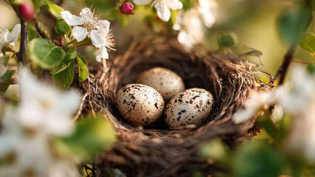 Bird nest with eggs nestled among blossoming tree branches.