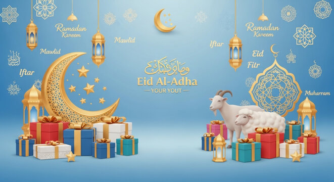 Eid al-Adha celebration with crescent moon lanterns gifts and sheep Islamic holiday concept for greeting cards and invitations