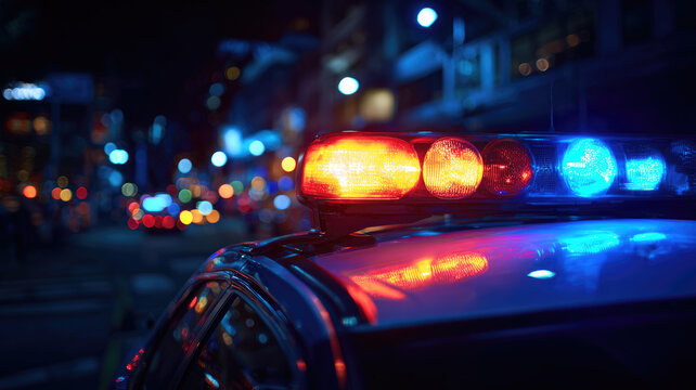 Red and blue light flasher of police car at night time in the city.