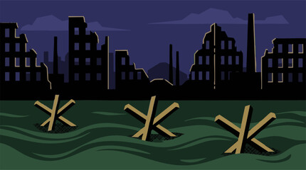 Stylized illustration of a destroyed city skyline with anti-tank obstacles © Zigmate