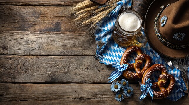 Rustic Oktoberfest Celebration with Beer, Pretzels, and Bavarian Charm on Wood